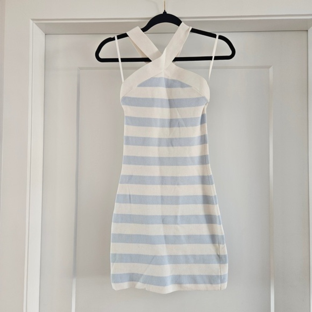 Babaton Striped Cross-Halter Knit Cami in Cream & Light Blue